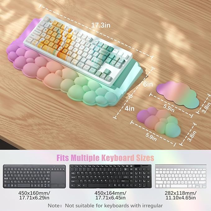 Ergonomic Wrist Rest for Keyboard Soft Memory Foam Cloud Keyboard Stand Pad with Wrist Rest Set with Non-Slip Silicone Base Easy Typing Pain Relief Comfort for Computer Laptop Mac - Rainbow