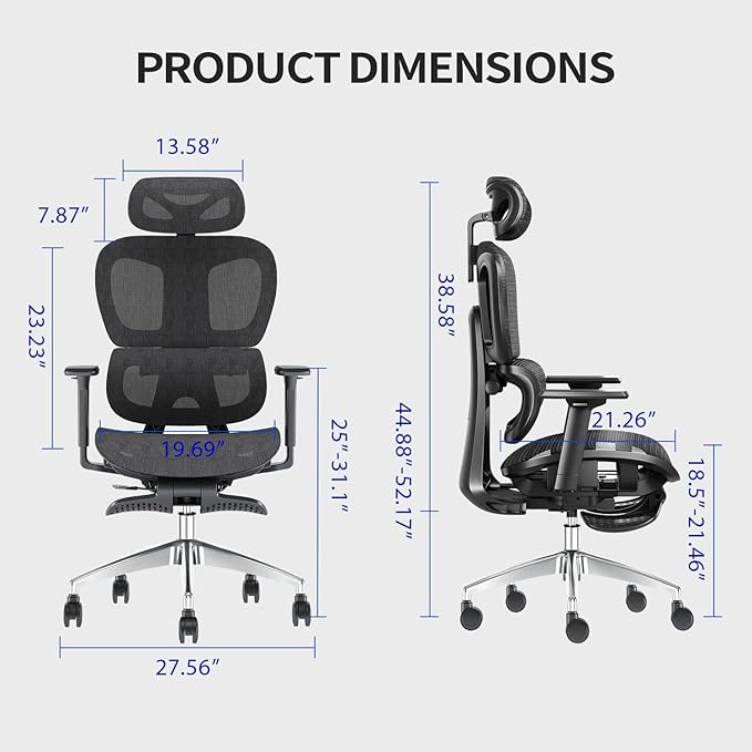 PatioMage Ergonomic Office Chair Big and Tall Desk Chair with Adjustable Lumbar Support &amp Seat Depth High Back Computer Chair Swivel Mesh Chairs with Wheels for Home Office Black