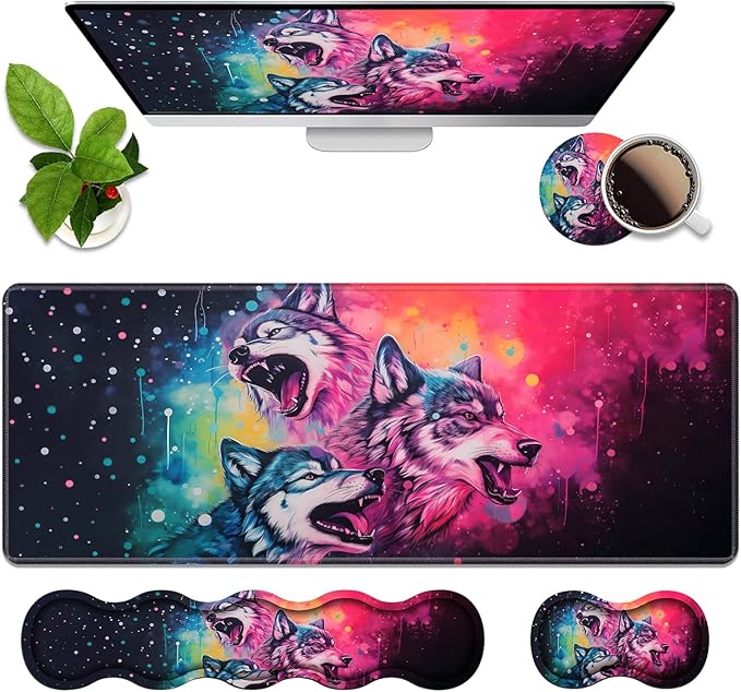 4 in 1 Ergonomic Memory Foam Mouse Pad Wrist Rest Set Large XXL Gaming Desk Pad + Keyboard Wrist Rest + Mouse Wrist Cushion + Coaster for Home Office Study Gaming Watercolor Art Wolf Howling