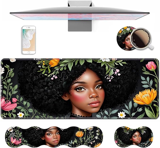 4 in 1 Ergonomic Keyboard Wrist Rest &amp Mouse Pad Wrist Rest Set Large XXL Gaming Desk Mat 31.5x 11.8 with Non-Slip Base Memory Foam for Home Office Study Gaming American Black Girl