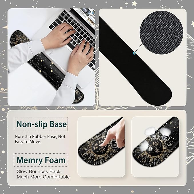 Large Mouse Pad Ergonomic Mouse Pad with Wrist Rest and Keyboard Wrist Rest 4 in 1 Set 31.5 x11.8 inch Extended Desk Pad for Home Office Funy Sun Moon Star Black Pattern XXL Black Gaming Mouse Mat