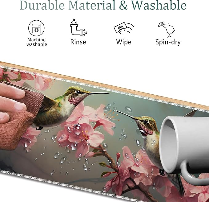 4 in 1 Mouse Pad Combo Large Gaming Mouse Pad + Keyboard Wrist Support + Mouse Wrist Rest + Coaster Table Pad 31.5 x 11.8 with Memory Foam Ergonomic Wrist Pad Set Hummingbird Flowers
