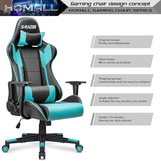 Homall Gaming Chair Office Chair High Back Computer Chair Leather Desk Chair Racing Executive Ergonomic Adjustable Swivel Task Chair with Headrest and Lumbar Support(Cyan)
