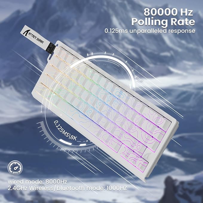 ATTACK SHARK X68PRO HE Rapid Trigger Wireless Keyboard 0.01mm RT Accuracy 8000Hz Wired Gaming Keyboard Adjustable Actuation Snap Tap RGB Backlit Magnetic Switch C01 Coiled Cable -White