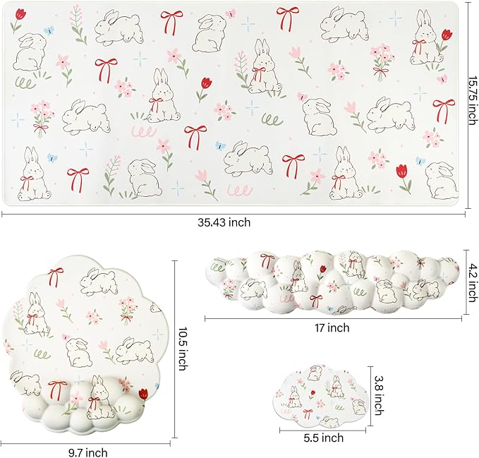 Conmputer Desk Mat Set 4 in 1 Cloud-Shaped Ergonomic Wrist Rest Set Mouse Pad with Non-Slip Base Memory Foam Silicone Lining Keyboard Wrist Rest Computers Offices Gaming Cute White Bunny