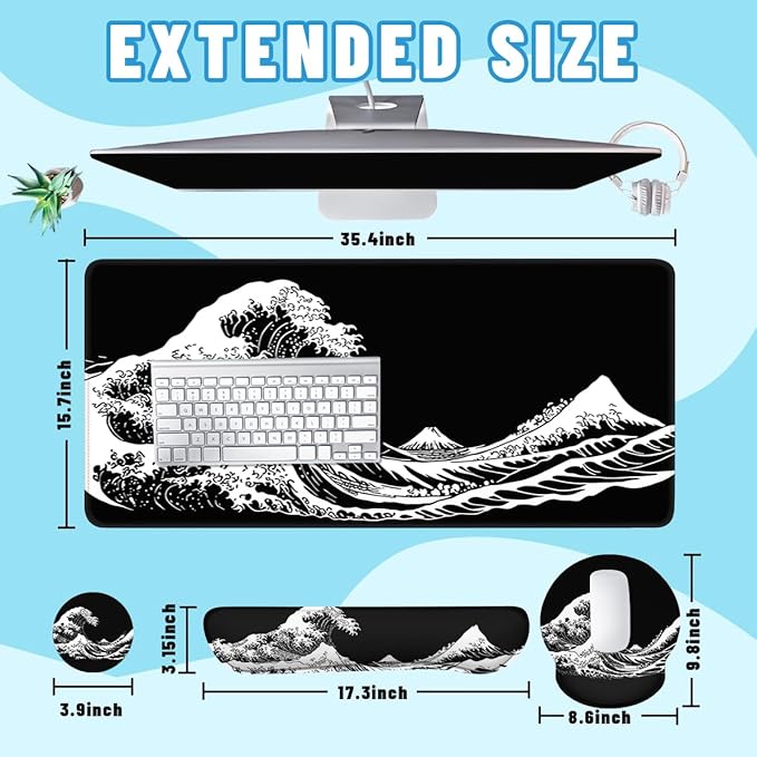 Wave Mouse Pad Set Japanese Black White Mount Fuji Kanagawa Gaming Mousepad 4in1 Desk Mat for Desktop Anti-Slip XXL Big Computer Ergonomic Mousepad with Wrist Support for Keyboard and Mouse