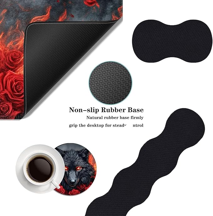 Mouse PadLarge Desk Mat Set 4in1 XL Mousepad + Keyboard Wrist Rest+Mouse Wrist Rest+Coaster with Ergonomic Desk Pad for Home Office Table Computer Cover -Wolf with Roses and Flames