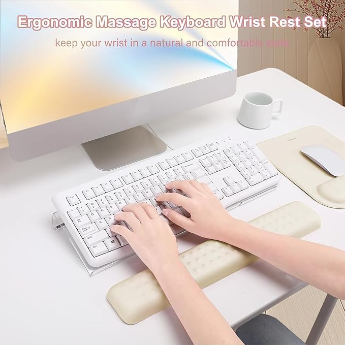 MOSISO Computer Keyboard Stand&ampWrist Rest Support for Keyboard &ampMouse Pad Set Ergonomic Massage Wrist Rest Set Easy Typing Working Acrylic Clear Stand for Office Home Khaki