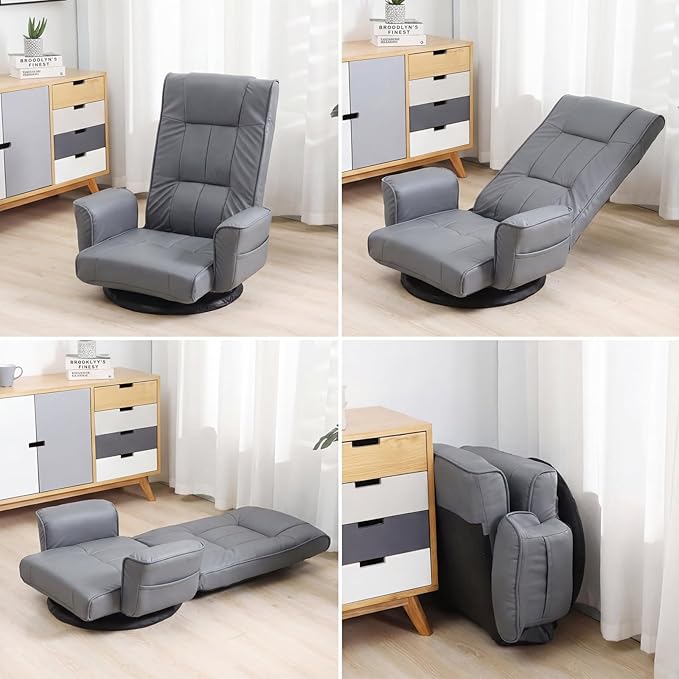 FLOGUOR 360° Swivel Gaming Floor Chair with Armrests – 14-Position Adjustable Folding Floor Sofa Lounger Padded Backrest Multi-Angle Recline for Home Living Room &amp Office (Grey)