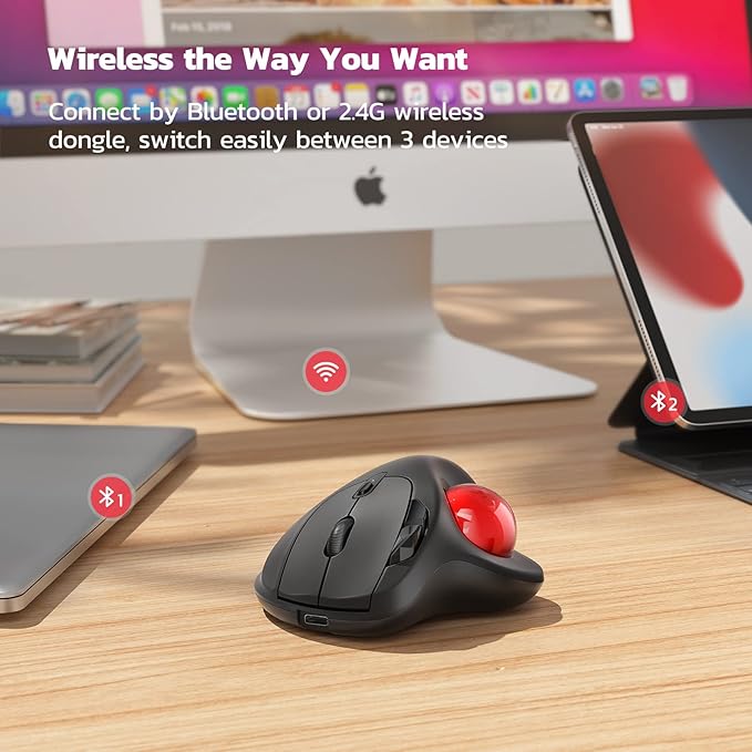 Nulea M501 Wireless Trackball Mouse Rechargeable Ergonomic Easy Thumb Control Precise &amp Smooth Tracking 3 Device Connection (Bluetooth or USB Receiver) Compatible for PC Laptop Mac Windows