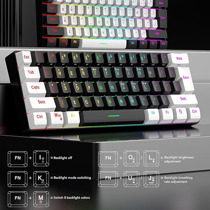 GOWENIC 61 Key RGB Illuminated Keyboard Multi Color LED Backlit Wired Gaming Keyboard and Mouse Combo for Tablet Laptop (Black Center White)