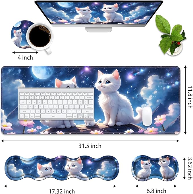 4 in 1 Ergonomic Memory Foam Mouse Pad Wrist Rest Set Large XXL Gaming Desk Pad + Keyboard Wrist Rest + Mouse Wrist Cushion + Coaster for Home Office Study Gaming Cute Cat