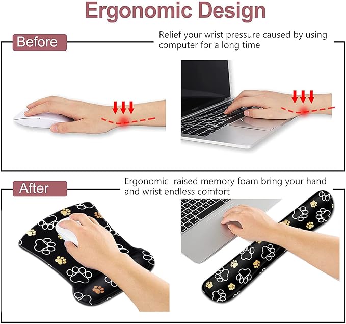 Ergonomic Mouse Pad with Wrist Support Gel Mouse Pad Non-Slip Laptop Computer Keyboard Mousepad for Office &amp Home Cute Cat Paws Design Memory Foam Keyboard Wrist Rest Dog Paw Prints Gold White
