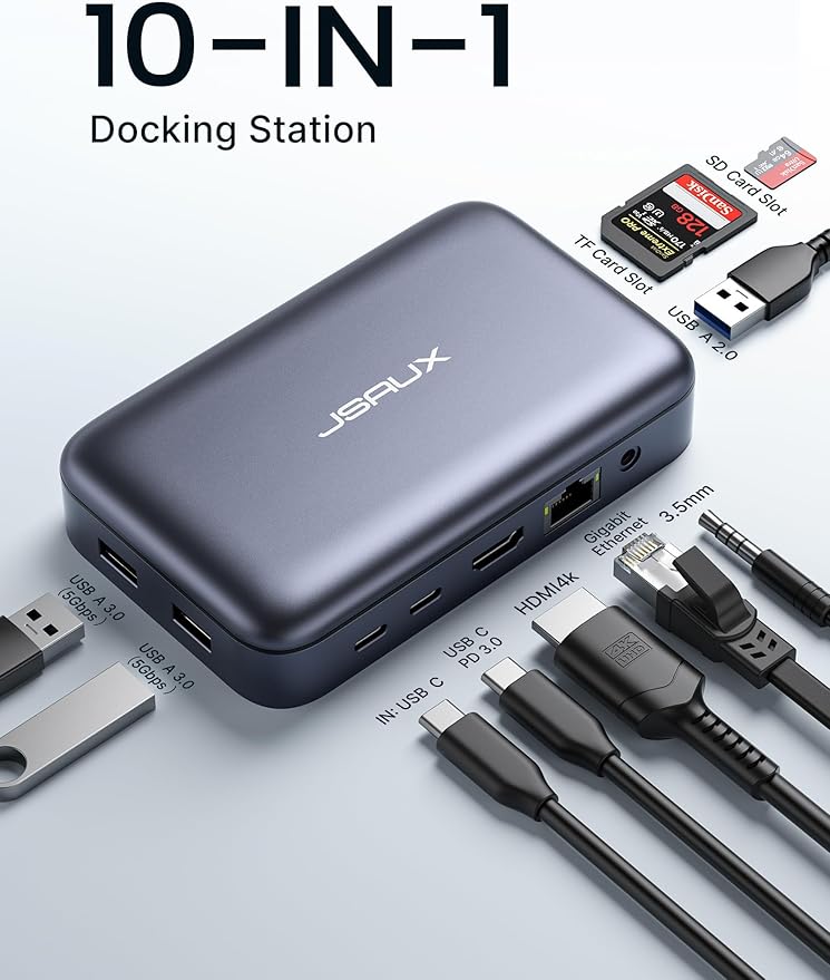 JSAUX Laptop USB C Docking Station 10 in 1 USB C Magnetic Hub with 4K@60hz HDMI 100W PD USB A&ampC 3.0 1000Mbps Ethernet SD/TF for HP/MacBook/Dell/Lenovo etc
