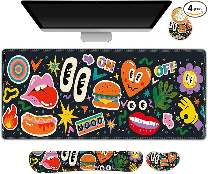 Large Gaming Mouse Pad Set 4 in 1 Extended Keyboard Desk Mat with Wrist Rest Computer Game Mousepad Non-Slip Desk Pad Protector Easy Typing Pain Relief for Home Office I Cartoon Heat Lips