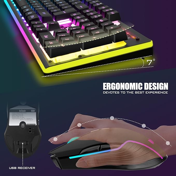 RedThunder K10 Wireless Gaming Keyboard and Mouse Combo LED Backlit Rechargeable 3800mAh Battery Mechanical Feel Anti-ghosting Keyboard + 7D 3200DPI Mice for PC Gamer (Black)