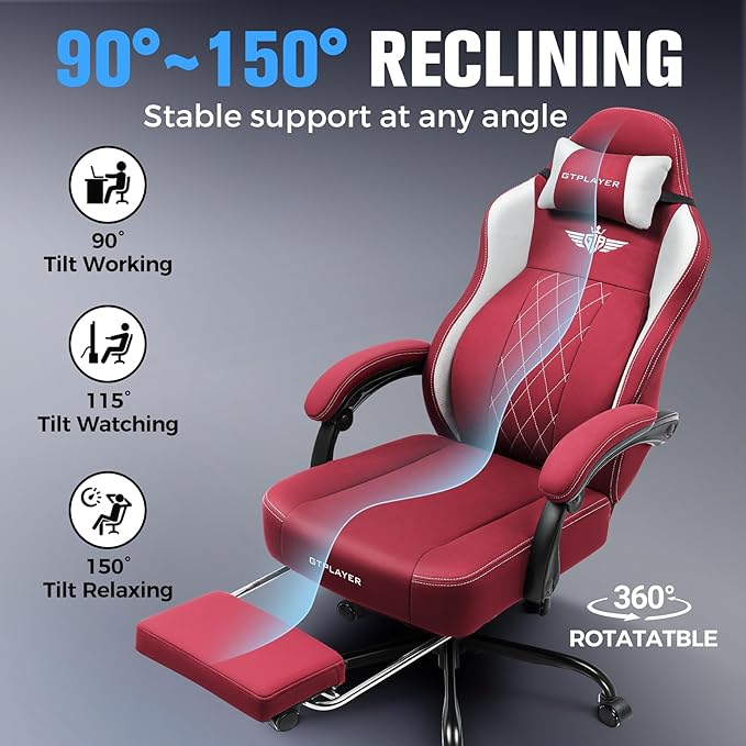 GTPLAYER Big and Tall Gaming Chair Breathable Fabric Computer Chair with Strong Lumbar Support Comfortable Office Chairs with Pocket Spring Cushion High Back Ergonomic Desk Chairs with Footrest