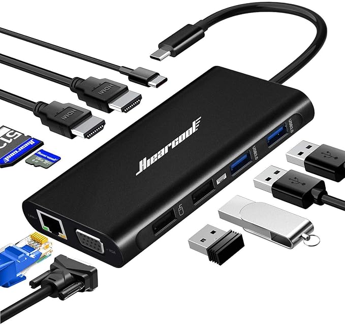 Hiearcool USB C Laptop Docking Station 11-in-1 Type C Hub Multiport Adapter Dongle USB C Dock with Dual HDMI VGA 100W PD Charging Gigabit Ethernet for Dell HP Lenovo Windows Laptops