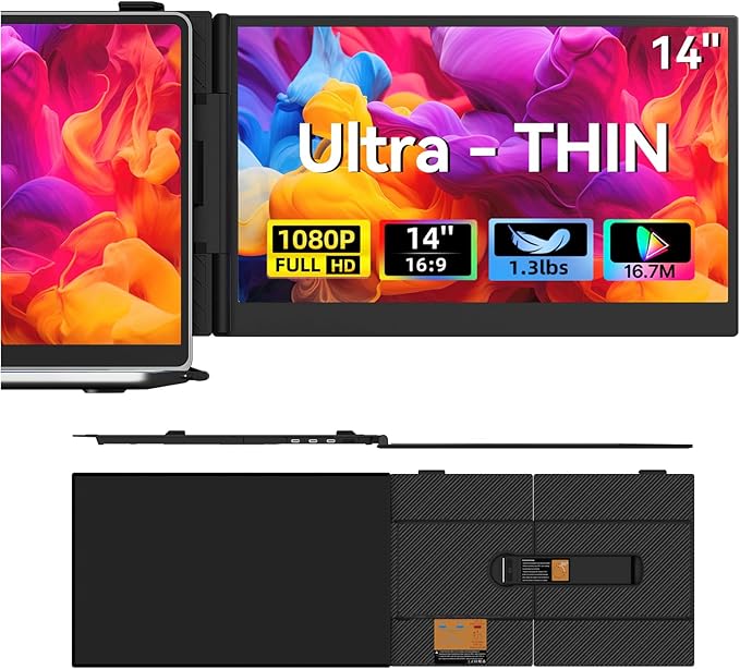 Laptop Screen Extender 1.3lb Ultra Lightweight 14 1080P FHD Portable Monitor for Laptop Plug &amp Play Dual Travel Screen Monitor Laptops Dual Monitors Attachment Fits Windows/Mac/Android/Chrome