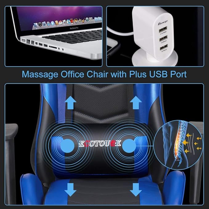 Massage Gaming Chair Video Racing Chair PC High Back Desk Computer Chair PU Leather Recliner w/Headrest and Lumbar Pillow Blue