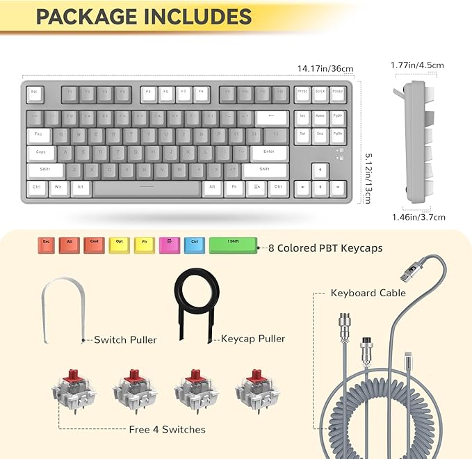 MAGIC-REFINER AK873 75% Wired Mechanical Gaming Keyboard with red SwitchHot-Swappable Keyboard with 8Pcs DIY Sublimation Color keycapsMixed Rainbow LED Backlit for PC Xbox PS4Mac (White Grey)