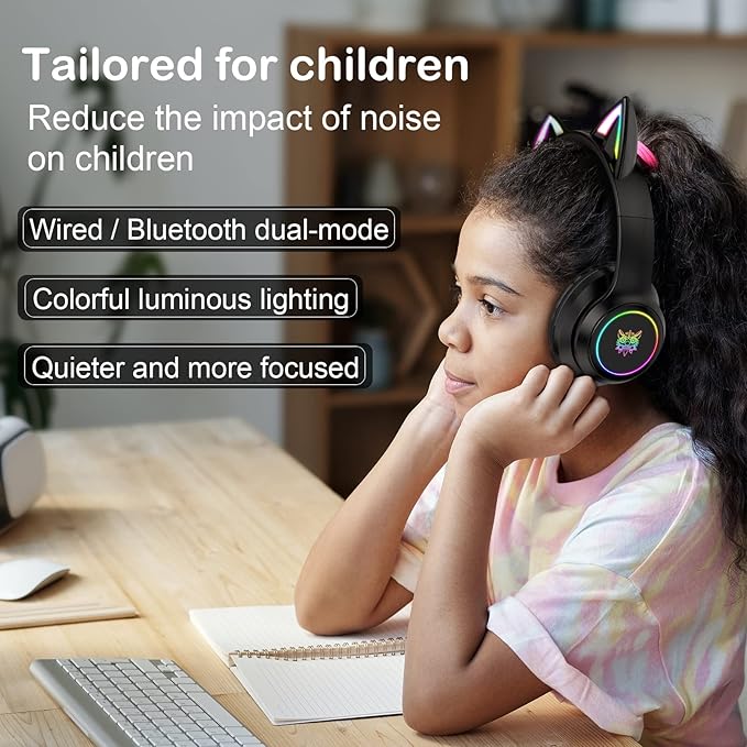 Bluetooth Cat Ear Headphones for Kids &amp Adults Wireless &amp Wired Mode Foldable Headset with Mic - Clear Sound Quality - RGB LED Light for Girls School Gaming for Phone/Laptop/PC/Tablet Blac
