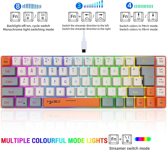 Docooler Wired Keyboard 68-Key RGB Gaming Keyboard 68 Keys Hot-Swap Compact Mechanical Keyboard Detachable Ty[e-C Keyboard for Gaming &amp Office Wired Computer Keyboard Ergonomic - Gray-White Ora