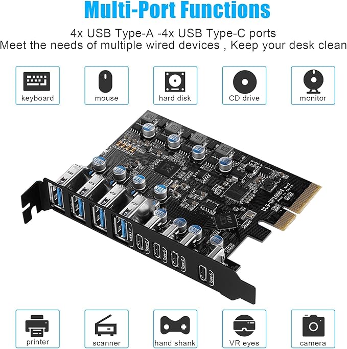 PCIe USB 3.2/3.1 Gen 2 Card 8 Ports Type-A USB C PCIe Card 10Gbps PC Internal hub for Windows 7/8/10 Linux and MacPro 4.1/5.1