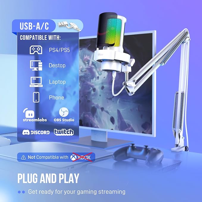 FIFINE Gaming PC USB Microphone Kit Condenser RGB Mic with Metal Boom Arm Mute Gain Knob Headphones Monitoring Streaming Microphone Bundle for PS4/PS5 YouTube Discord Twitch-A8T White