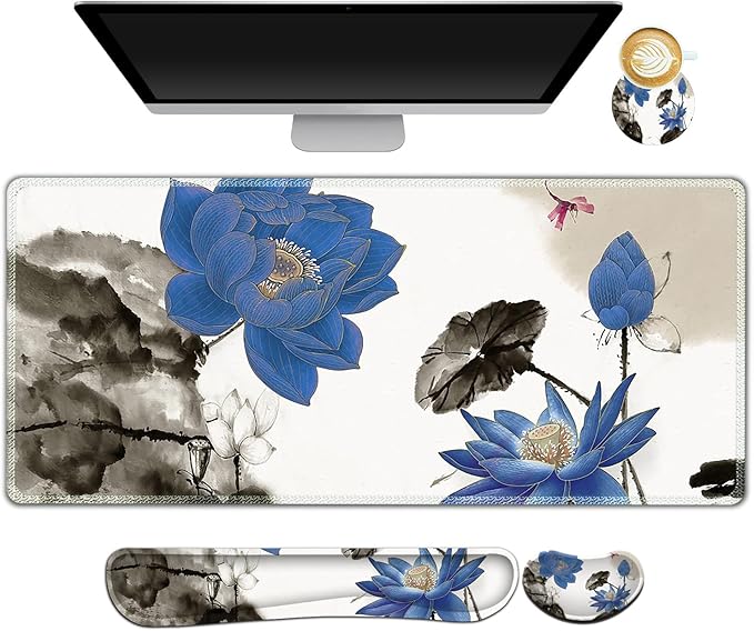 ARTSO Extended Gaming Mouse Pad Set Keyboard Wrist Rest Support Pad + Wrist Cushion + XXL Large Mouse Pad + Coaster Stitched Edge Non-Slip Memory Foam Desk Mat Blue Lotus Ink Painting