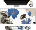 ARTSO Extended Gaming Mouse Pad Set Keyboard Wrist Rest Support Pad + Wrist Cushion + XXL Large Mouse Pad + Coaster Stitched Edge Non-Slip Memory Foam Desk Mat Blue Lotus Ink Painting