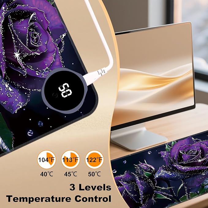 Heated Desk Pad 31.5 x 13 3 Large Heated Mouse Pad with Heat Levels (40°C/45°C/50°C) &amp 3H Auto Shut-Off Desk Mat Fast Heating PU Leather Warmer Mousepad for Home Office - Purple Rose Flowers