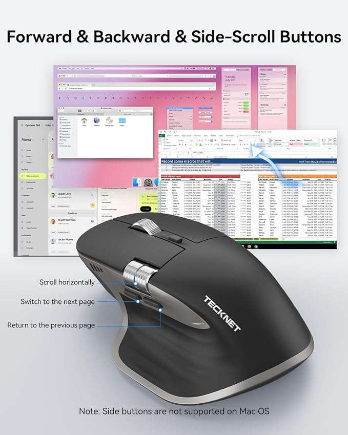 TECKNET Wireless Mouse Bluetooth Mouse (BT5.3/5.0 &amp 2.4G) Rechargeable Ergonomic Optical Mouse with 6 Adjustable DPI Side Scroll Quiet Clicks USB A Receiver 7 Buttons Wide Compatibility - Gr