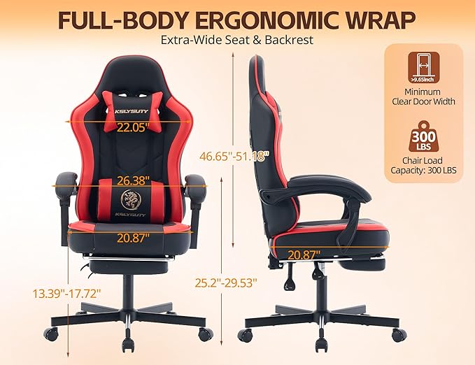 Office Chair Breathable Leather with Pocket Spring Cushion Wide and High Ergonomic Computer Gaming Chair with Headrest and Footrest for Adult and Teen Black and Red
