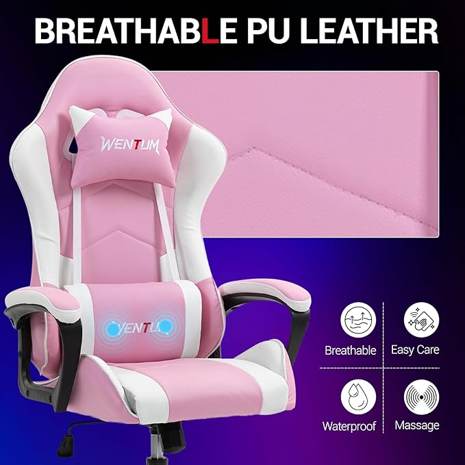 Gaming Chair PU Leather Massage PC Video Game Chair with Lumbar Support for Men Women Home Office Height Adjustable Ergonomic High Back Pink