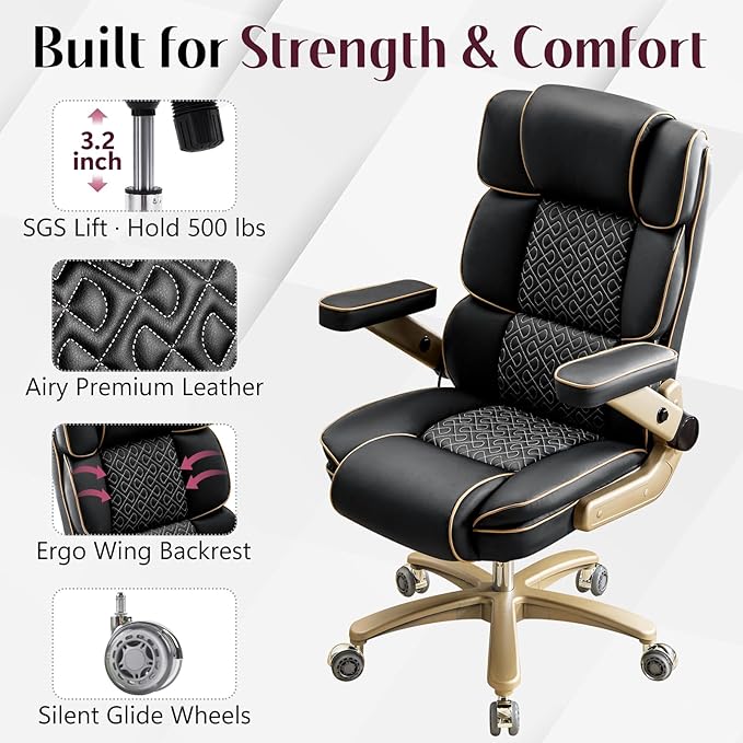 Big and Tall Office Chair 500lbs Heavy Duty Leather Chair with 5D Armrests Comfortable Seat High Back Executive Office Chair with Adjustable Lumbar Large Computer Chair for Home Office Black