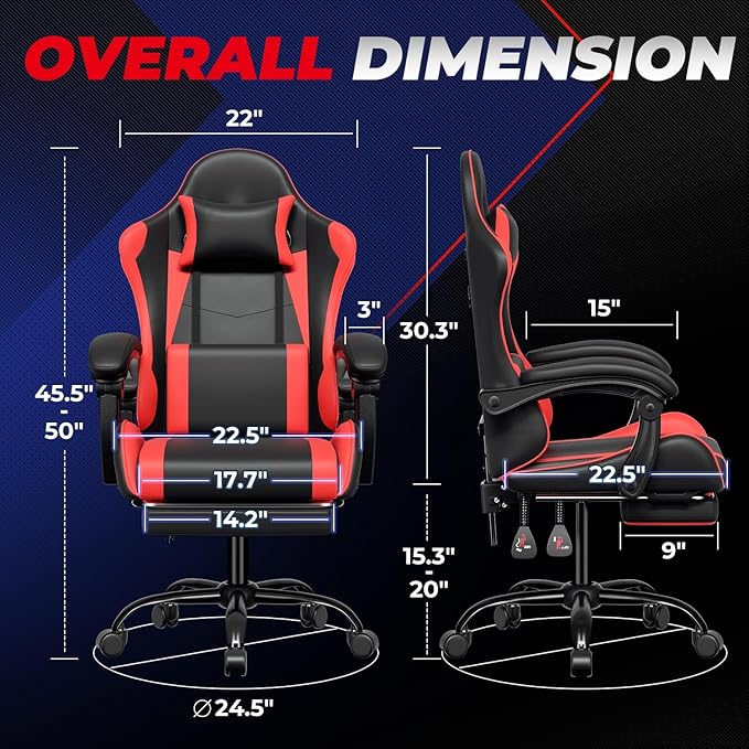 Auto Dynasty Ergonomic Gaming Chair High-Back Office Chair w/Adjustable Lumbar Support Linkage Armrest Headrest &amp Footrest 350LBS Recliner Swivel Computer Game Racing Chair Red/Black