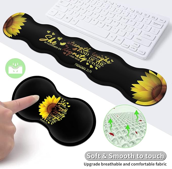 Gaming Black Mouse Pad + Keyboard Wrist Rest XL Large Mouse Mat Sunflower Christian Verse Proverbs 31-25 Extended Desk Pad Non-Slip Rubber Mice Pads Stitched Edges Pad (31.5x11.8 in)
