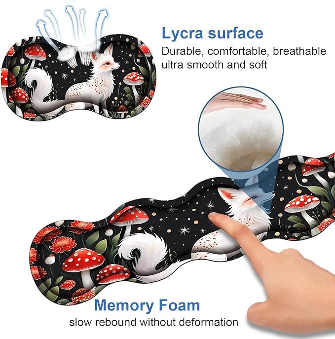 4 in 1 Ergonomic Memory Foam Mouse Pad Wrist Rest Set Large XXL Gaming Desk Pad + Keyboard Wrist Rest + Mouse Wrist Cushion + Coaster for Home Office Study Gaming White Fox Mushroom