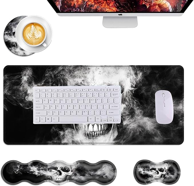 Mouse PadLarge Desk Mat Set 4in1 XL Mousepad + Keyboard Wrist Rest+Mouse Wrist Rest+Coaster with Ergonomic Desk Pad for Home Office Table Computer Cover -Smoky Skull Art