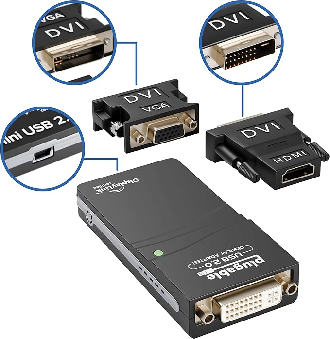 Plugable USB 2.0 to HDMI DVI or VGA I Multi-Monitor External Video Graphics Card Adapter up to 1920x1080 Supports Windows 11 10 8.1 7 XP Mac and ChromeOS