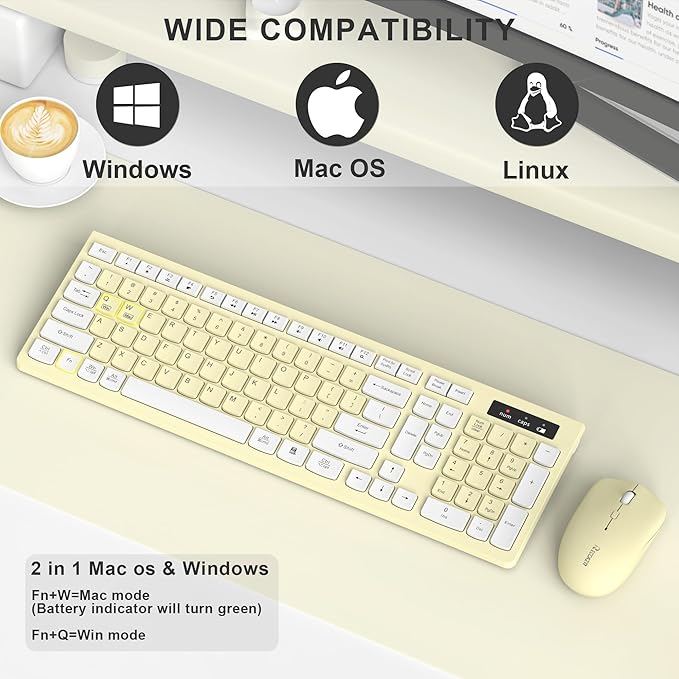 Wireless Keyboard and Mouse Combo Full-Sized Wireless Keyboard and Adjustable DPI Mouse 2.4GHz USB Receiver Keyboard and Mouse for PC Windows Desktop Laptop (Canary Yellow)