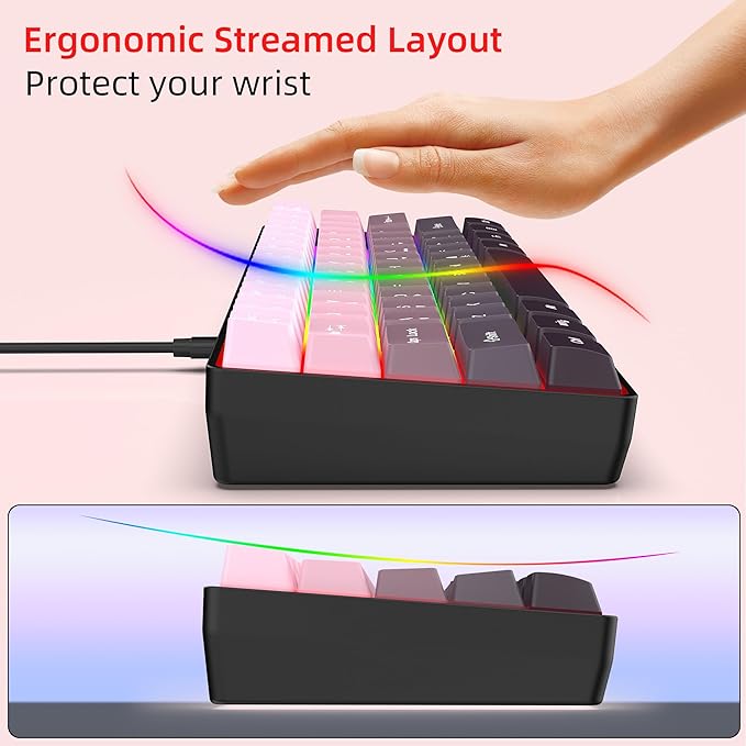 Snpurdiri 60% Wired Gaming Keyboard 61 Keys RGB Backlit Ultra-Compact Small Gaming Keyboard for PC/Mac Gamer Typist Travel Easy to Carry on Business Trip (Pink-Black)