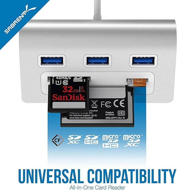 SABRENT Premium 3 Port Aluminum USB 3.0 Hub with Multi in 1 Card Reader (12 Cable) for iMac All MacBooks Mac mini or Any PC (HB-MACR)