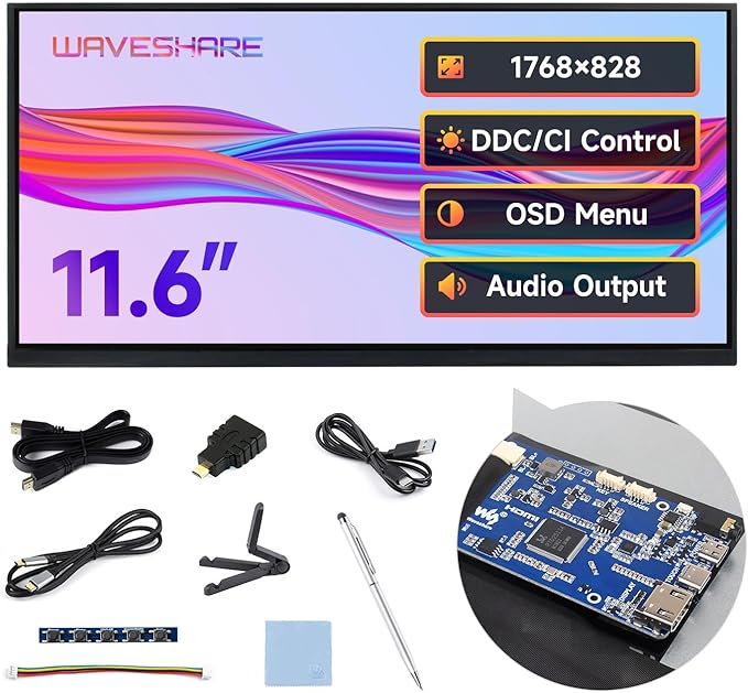 Waveshare 11.6inch Capacitive Touch Display in-Cell Technology 1768×828 Compatible with Raspberry Pi 5/4B/3B/Zero/Zero W/Zero 2W/Pico/Pico Supports Windows/Jetson Nano/TX2/Xavier NX/Orin