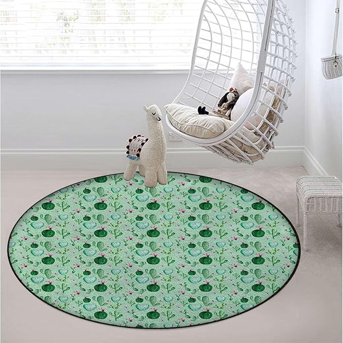 Multicolor Rug Non-Slip Round Area Rug for Bedroom Living Room Study PlayingCarpet Floor Mat Watercolors Display Spring Field Foliage Diameter 51 in