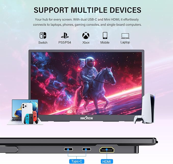InnoView 4K Portable Monitor 18.5 3840x2160 UHD USB-C HDMI for Laptop 10Bit IPS Computer Gaming Display HDR Travel Monitor with W/180°Adjustable Stand for Desktop Mac Phones Tablet PS5/4 Switch