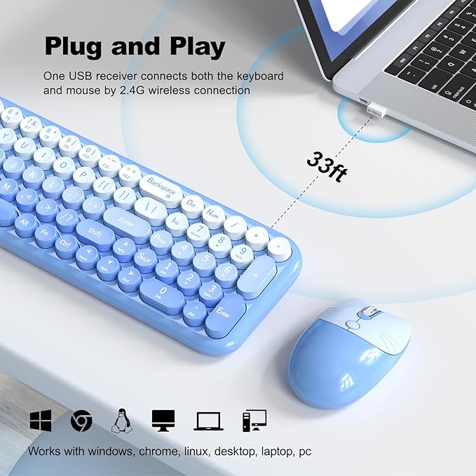 Wireless Keyboard and Mouse Combo MOWUX Compact Typewriter Retro Round Computer Keyboard Cute Optical Mouse Wireless Plug and Play for Laptop PC Computer- Blue Gradient