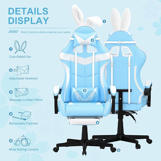 Soontrans Light Blue Gaming Chair with FootrestLovely Cute Bunny Computer Gamer ChairKawaii Desk Chair for GranddaughterSisterGirlfriendWife and Love