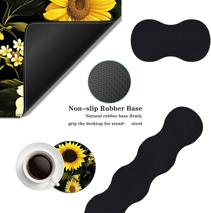 Mouse PadLarge Desk Mat Set 4in1 XL Mousepad + Keyboard Wrist Rest+Mouse Wrist Rest+Coaster with Ergonomic Desk Pad for Home Office Table Computer Cover -Sunflowers and White Flowers